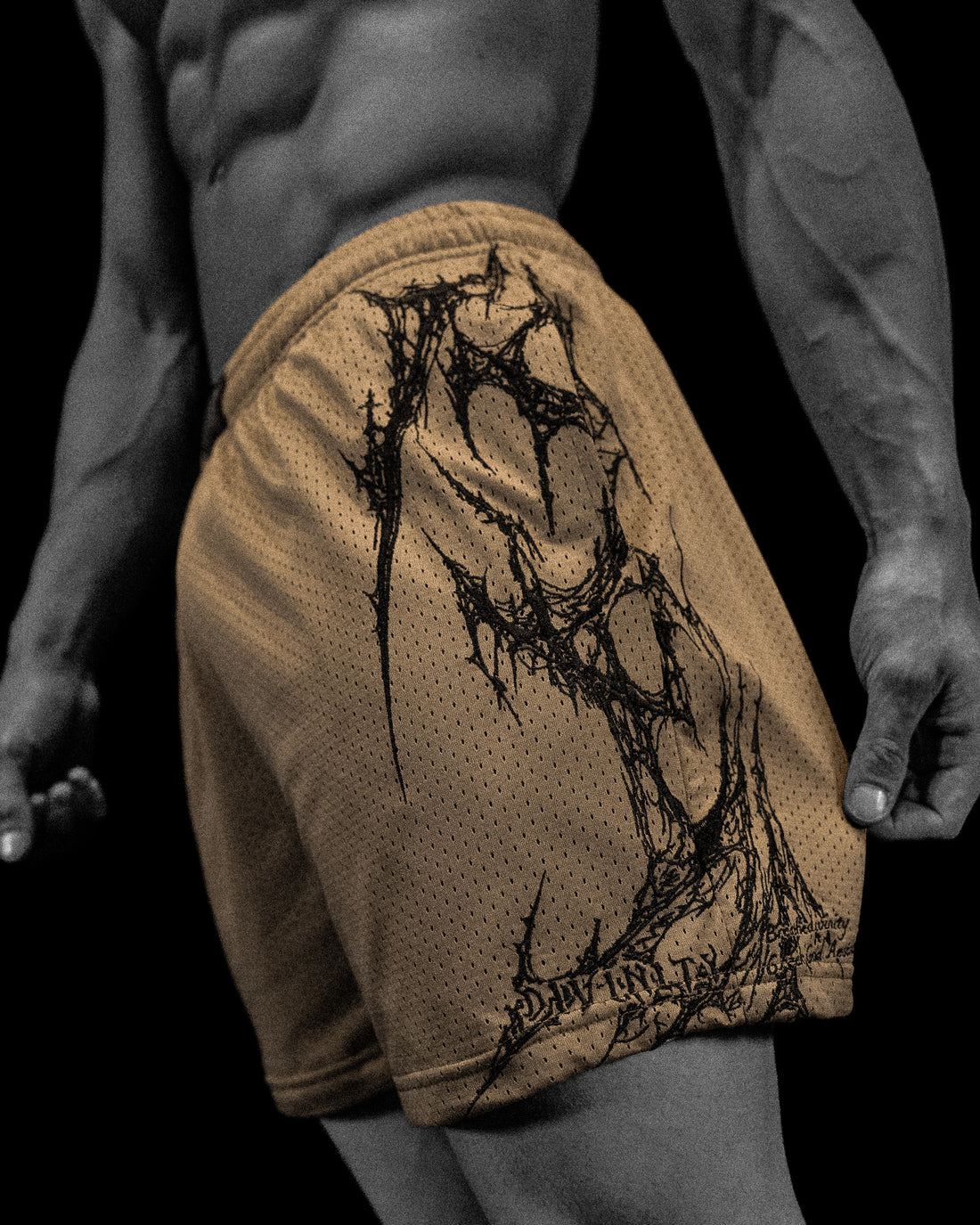 Eclipse Embroidery Bodybuilding Mesh Shorts [TAUPE]