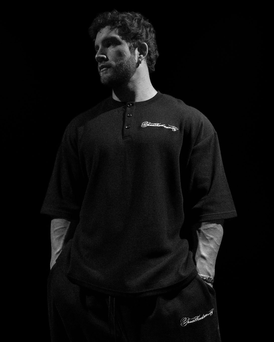 Oversized Elegance Waffle Henley [VOID BLACK]