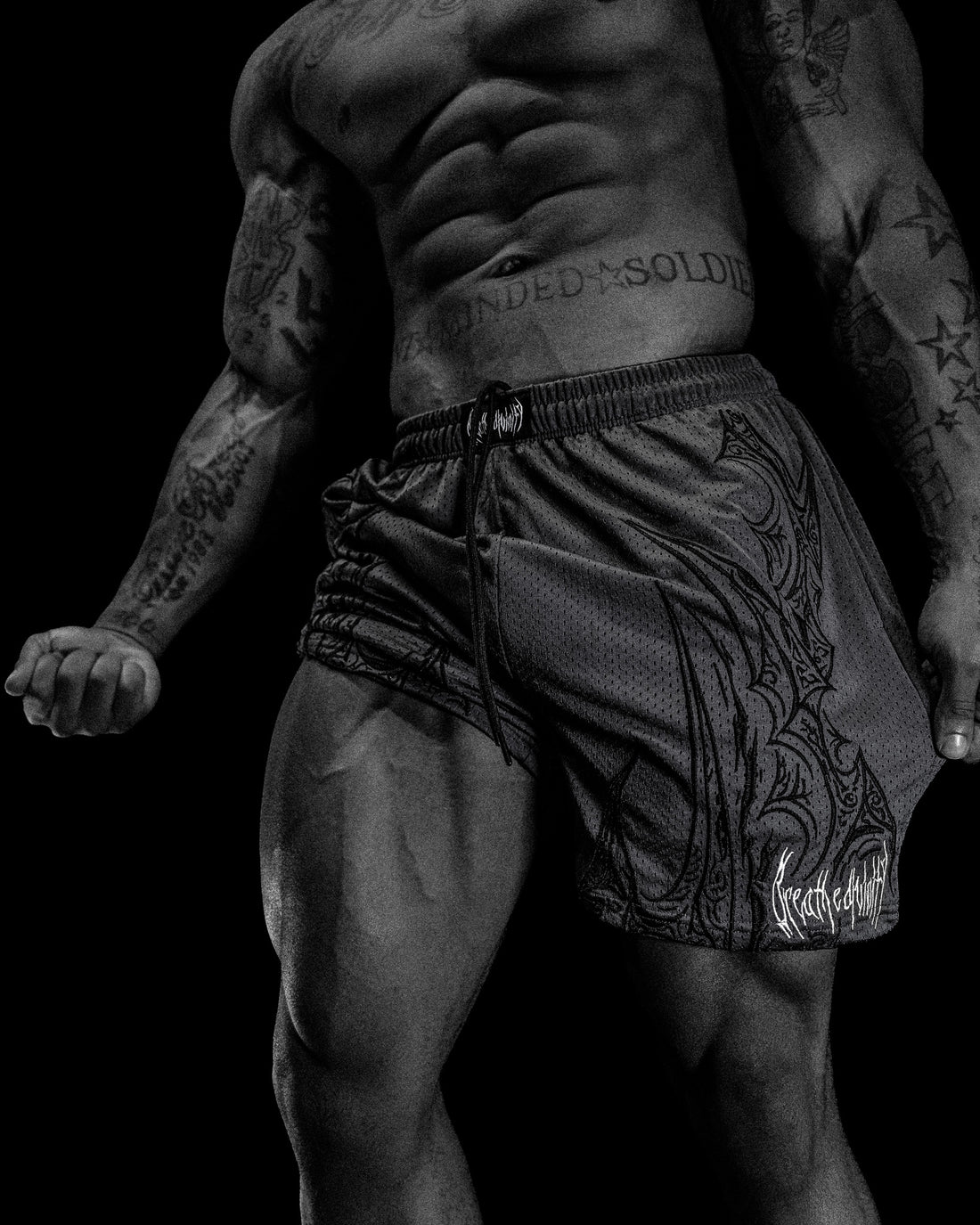 Skeletal Embroidered Bodybuilding mesh shorts [PURGATORY GREY]