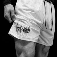 Mens Embroidery Bodybuilding Mesh Shorts [DIVINE WHITE]