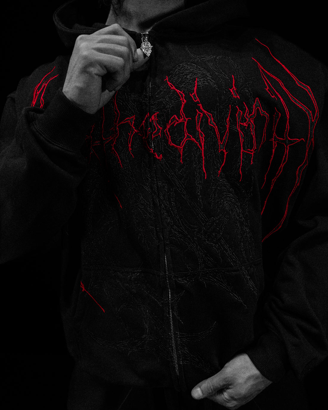 Grim Reaper Embroidered Oversized Zip-up Hoodie [BLOOD MIST]