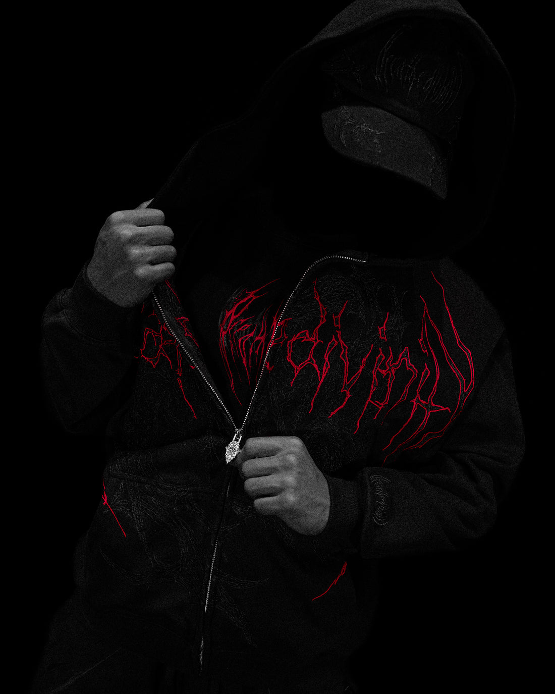 Grim Reaper Embroidered Oversized Zip-up Hoodie [BLOOD MIST]