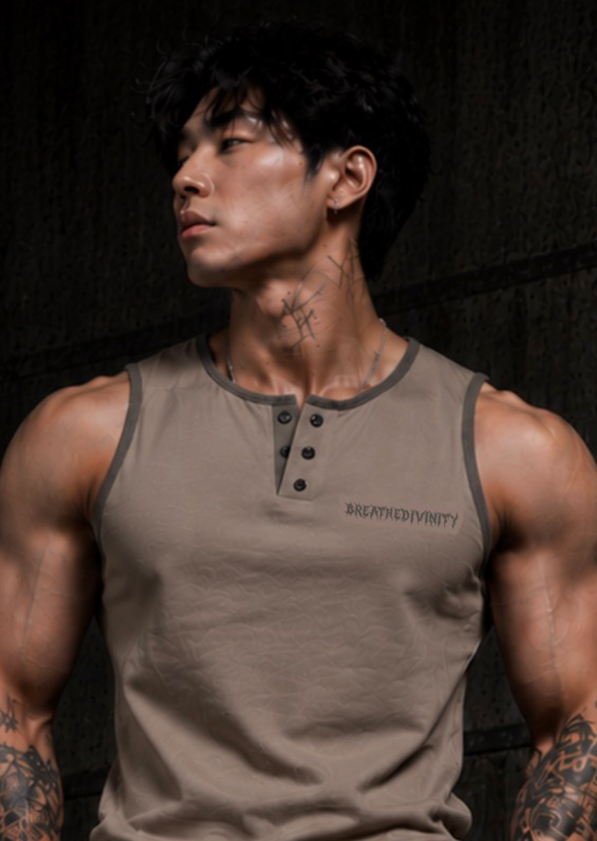 Mens Cut-off Henley [TAUPE] [MENS AUG COLL 2026]